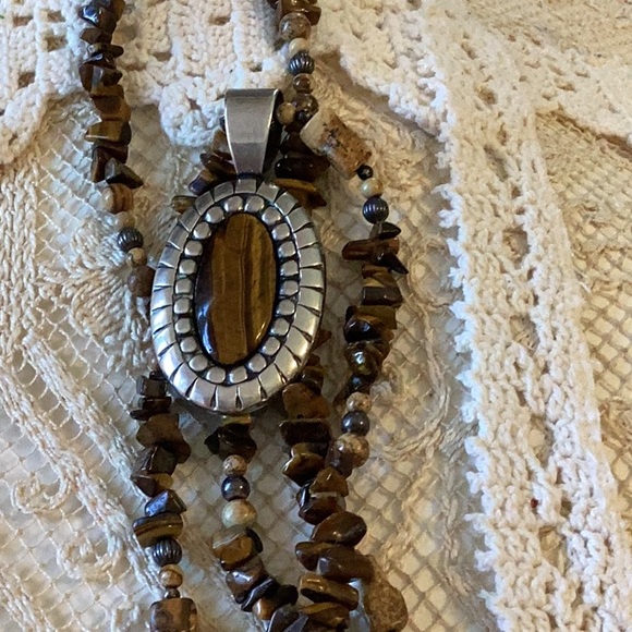 Vintage Carolyn Pollack Tiger’s Eye Pendant with 18” Tigers eye, Jasper, silver - Picture 3 of 8